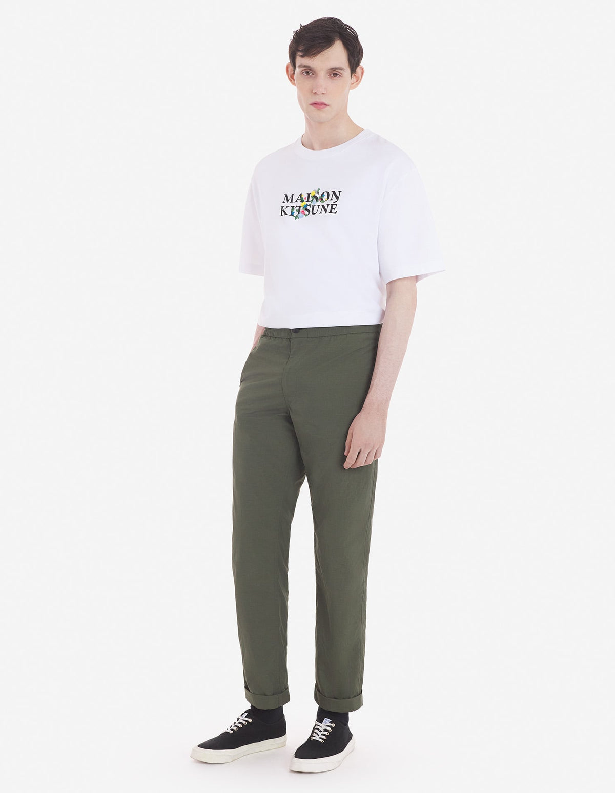  CASUAL STRAIGHT LEG PANTS IN CRISPY NYLON WITH BOLD FOX HEAD PATCH
