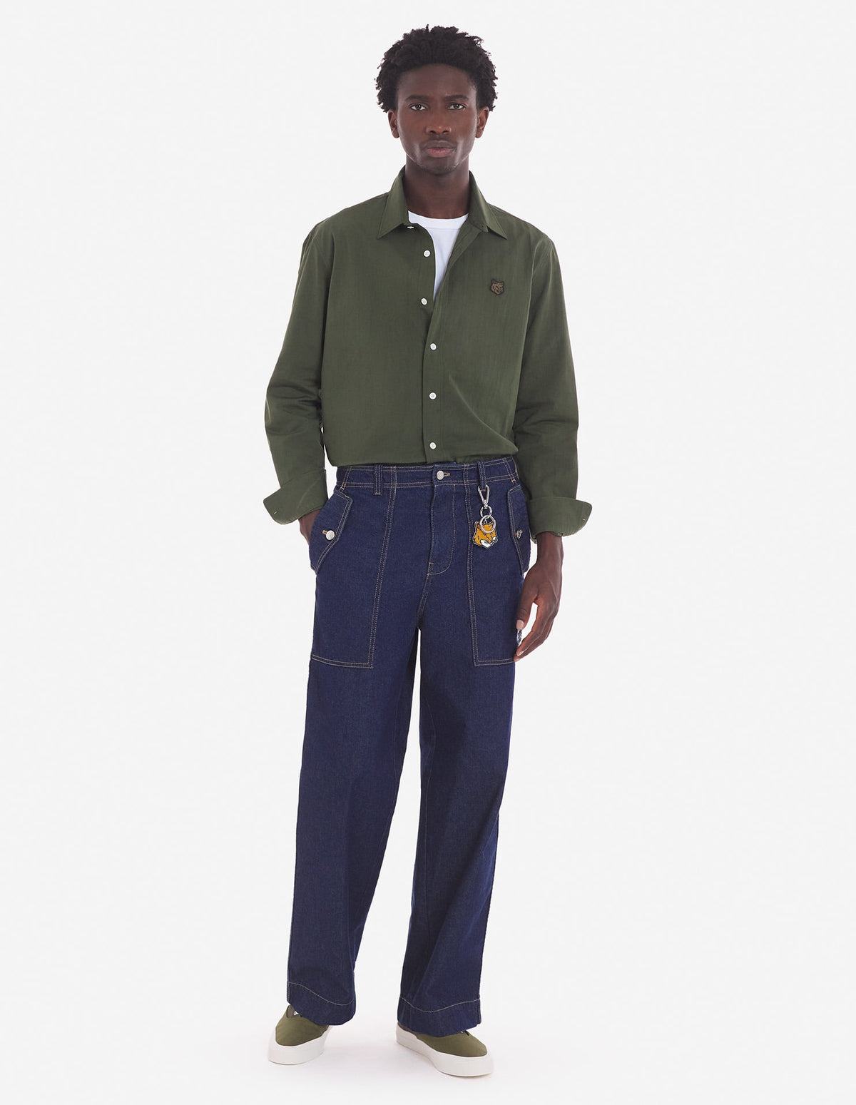  WORKWEAR PANTS IN WASHED DENIM WITH FOX HEAD PATCH