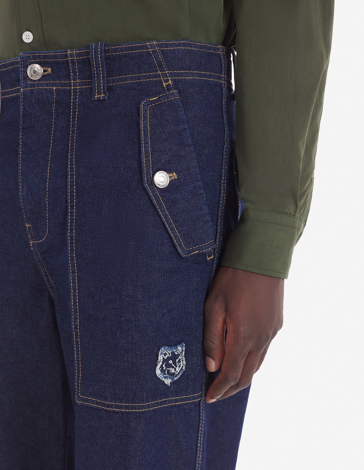  WORKWEAR PANTS IN WASHED DENIM WITH FOX HEAD PATCH