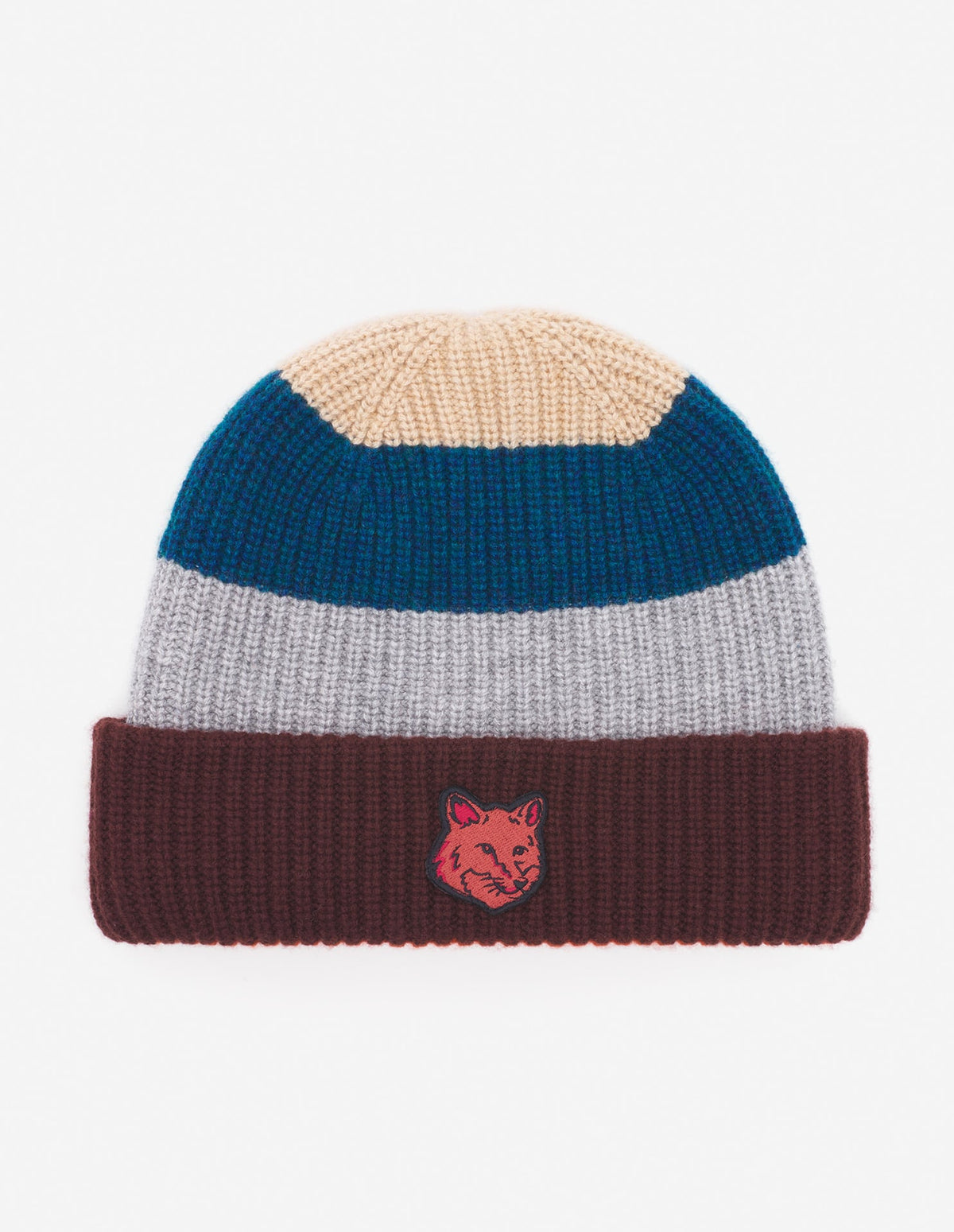  TONAL FOX HEAD PATCH STRIPED PREPPY BEANIE