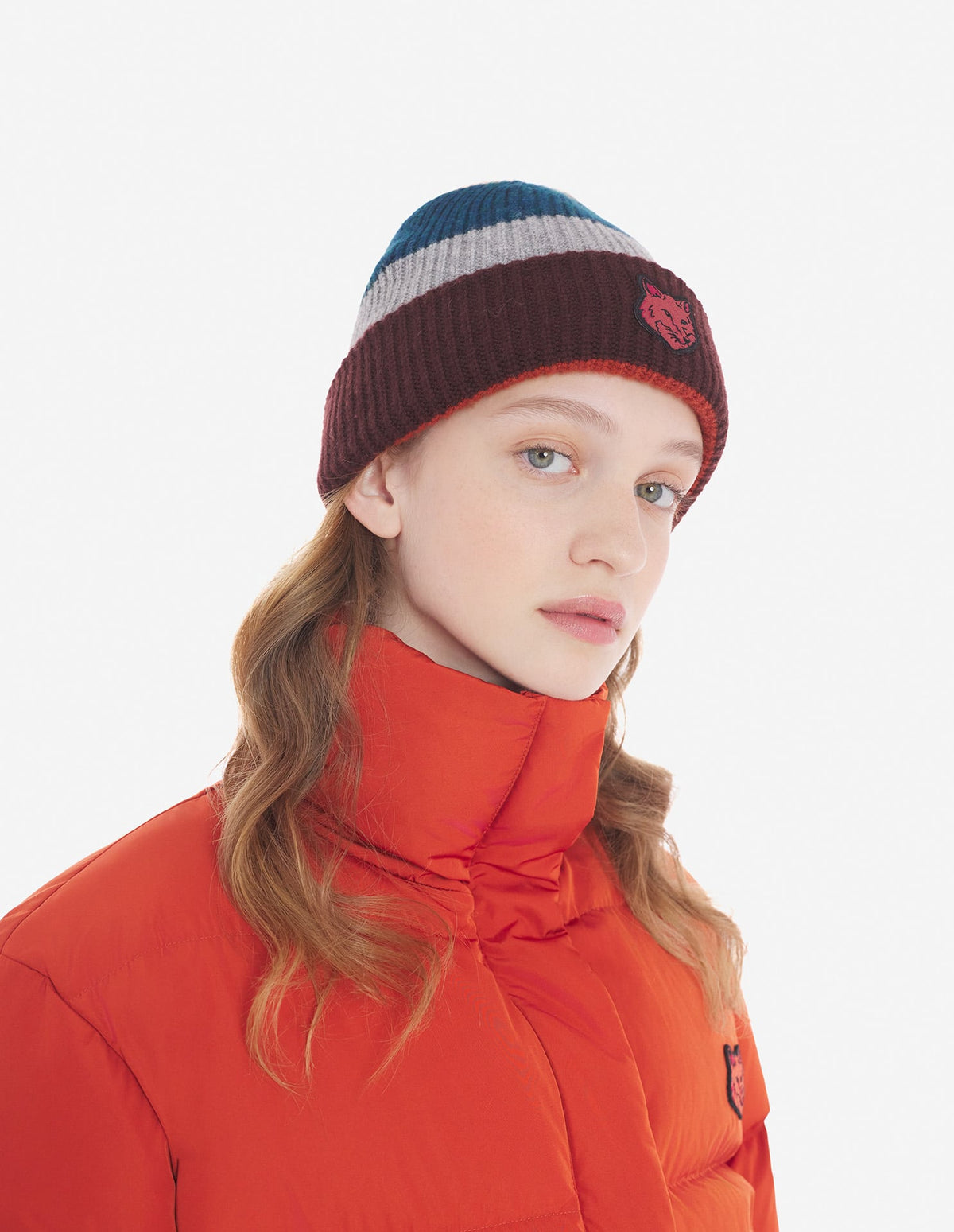  TONAL FOX HEAD PATCH STRIPED PREPPY BEANIE