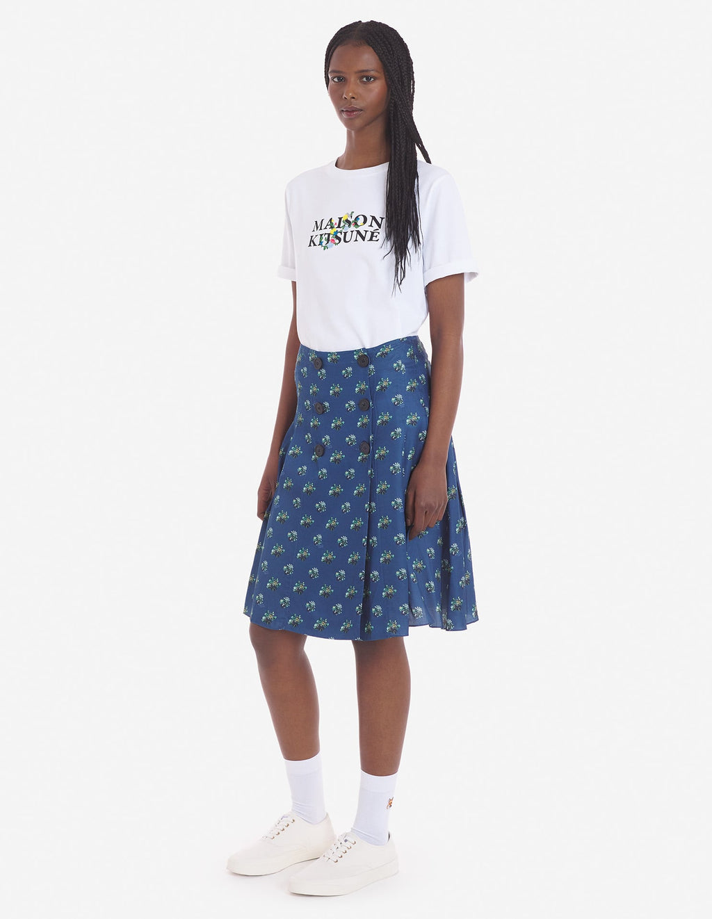  KNEE PLEATED WRAP SKIRT IN FLORAL PRINTED VISCOSE